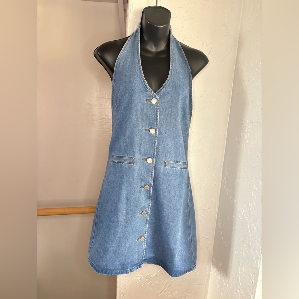 Sincerely Jules NWT Light Blue Denim Halter backless Mini Dress sz M button down